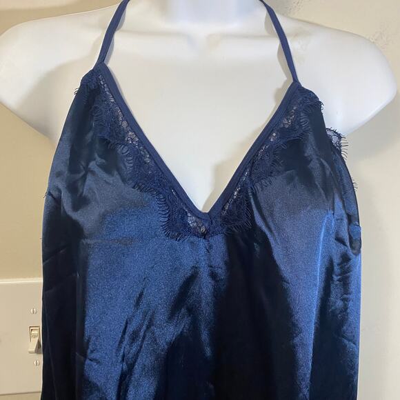 AvidLove NWT Navy Blue Satin & Lace T-Back Chemise Nightie Slip Dress Sz L - Picture 2 of 9
